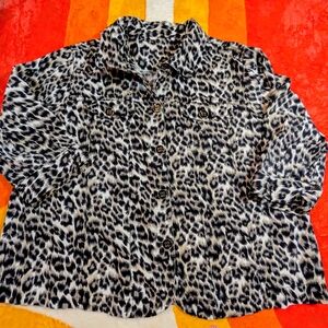 Leopard Print Jacket Blazer, 1X Button Up, 3/4 Sleeves Resortwear Animal Print